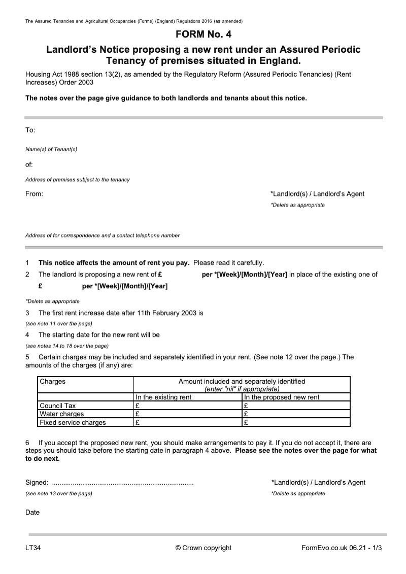 LT34 Landlord s Notice proposing a new rent under an Assured Periodic Tenant of premises situated in England form 4 [LTA4B HA33B] preview